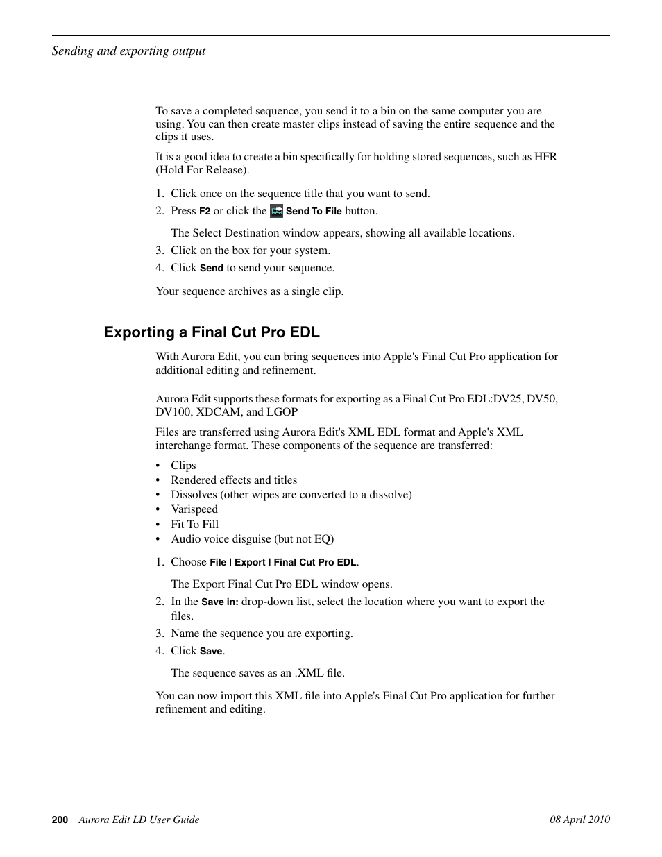 Exporting a final cut pro edl | Grass Valley Aurora Edit LD v.7.0 User Manual | Page 200 / 228