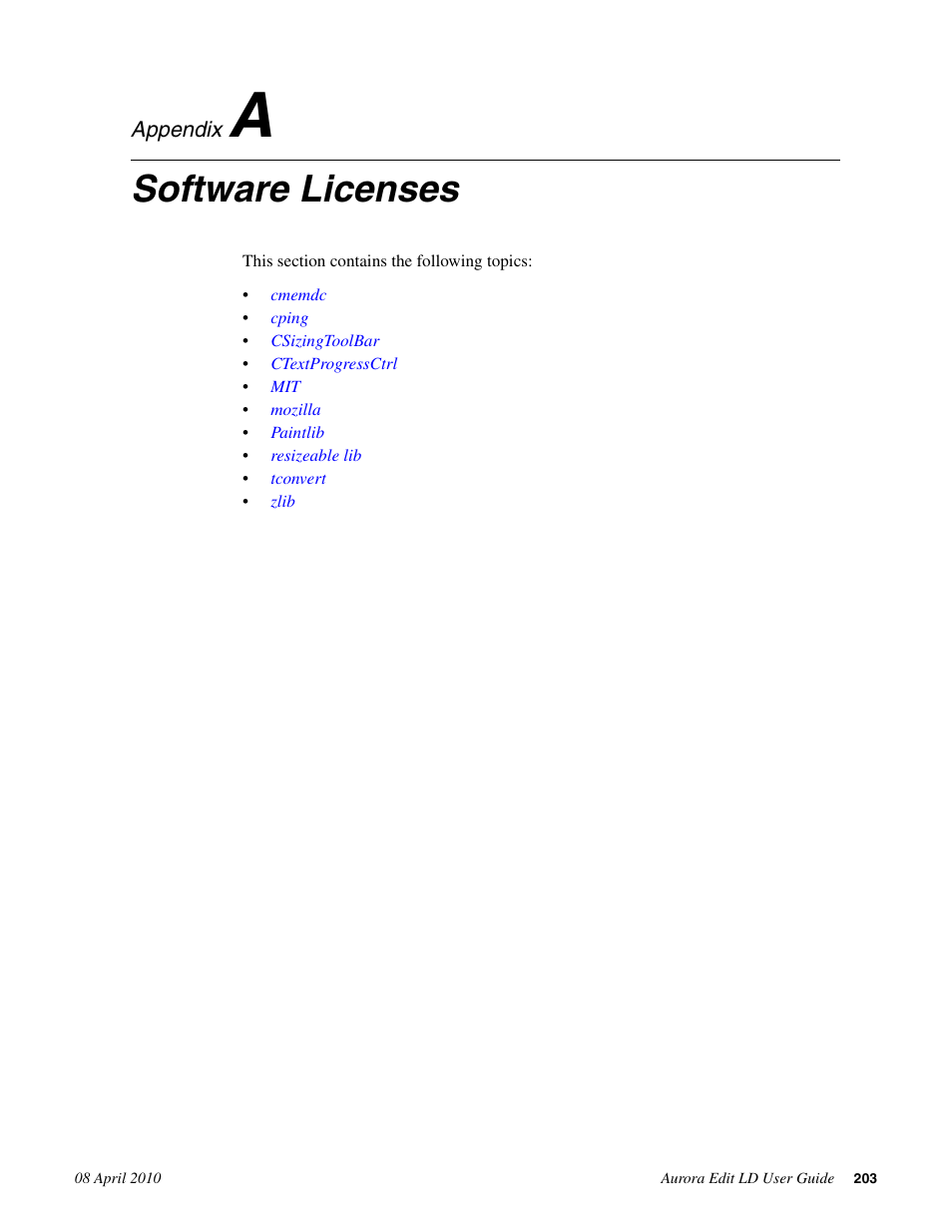 Software licenses, Appendix a: software licenses | Grass Valley Aurora Edit LD v.7.0 User Manual | Page 203 / 228