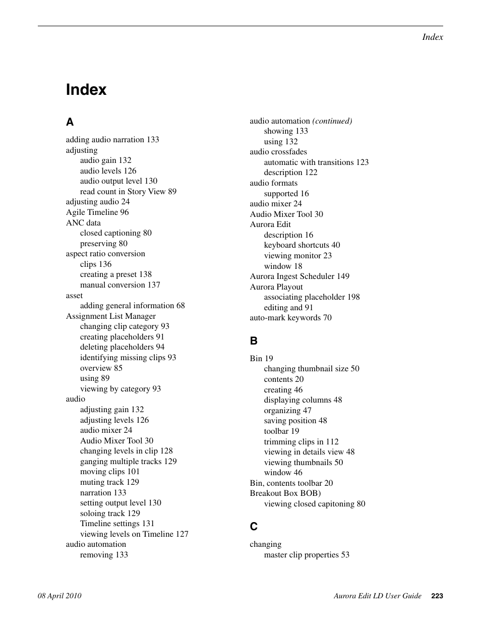Index | Grass Valley Aurora Edit LD v.7.0 User Manual | Page 223 / 228