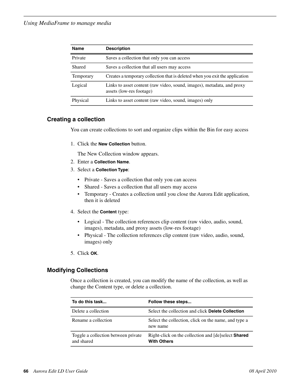Creating a collection, Modifying collections, Creating a collection modifying collections | Grass Valley Aurora Edit LD v.7.0 User Manual | Page 66 / 228