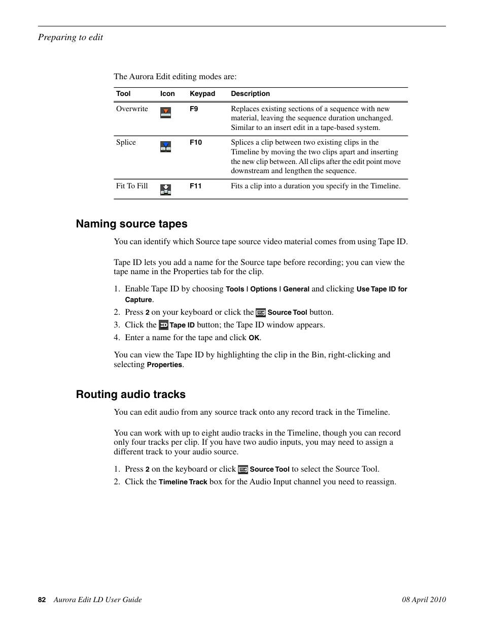 Naming source tapes, Routing audio tracks, Naming source tapes routing audio tracks | Grass Valley Aurora Edit LD v.7.0 User Manual | Page 82 / 228