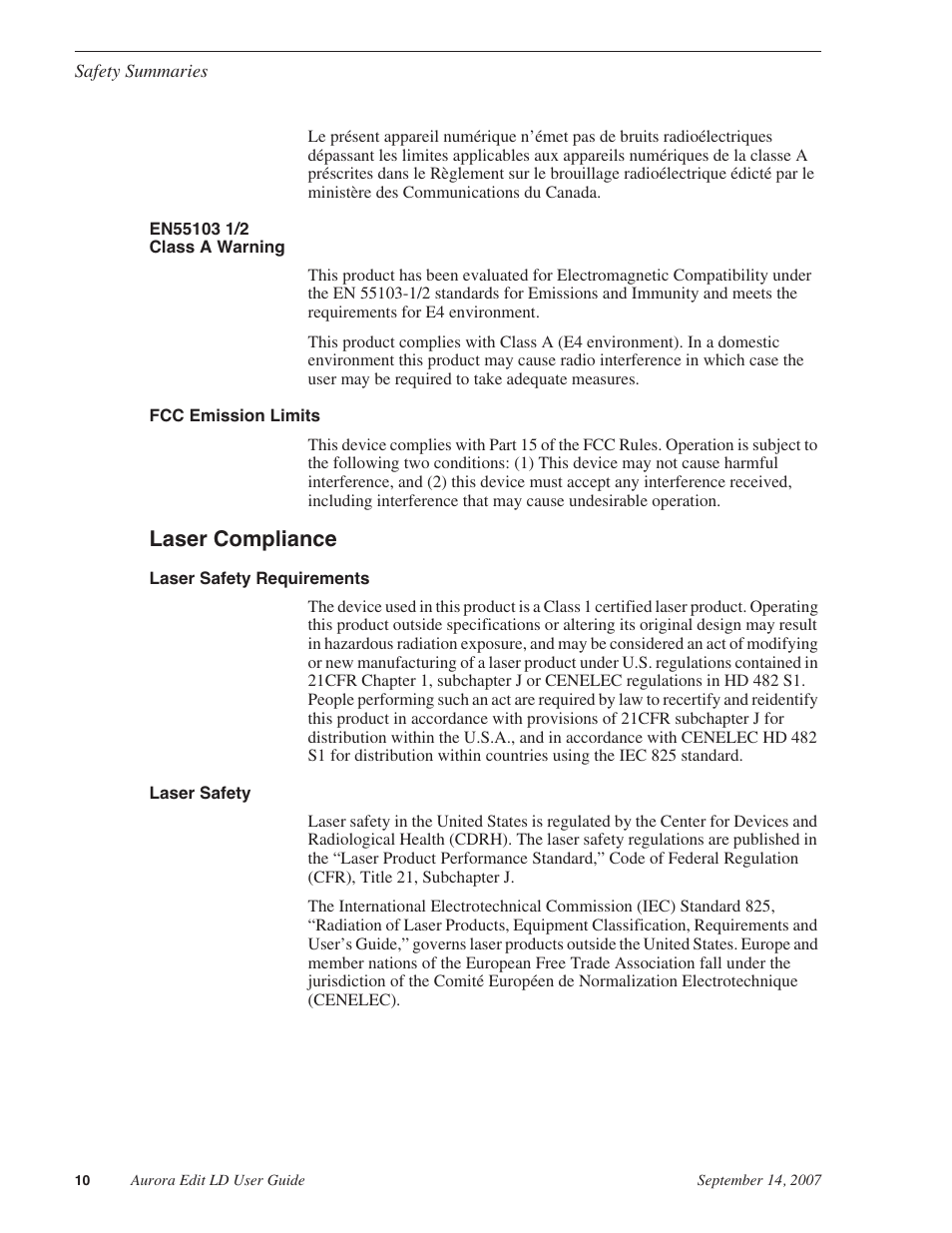 Laser compliance | Grass Valley Aurora Edit LD v.6.3 User Manual | Page 10 / 100
