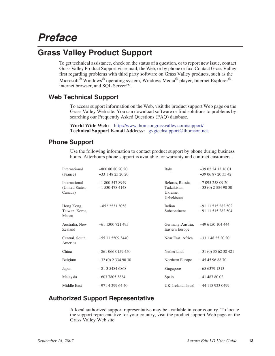 Preface, Grass valley product support, Web technical support | Phone support, Authorized support representative | Grass Valley Aurora Edit LD v.6.3 User Manual | Page 13 / 100