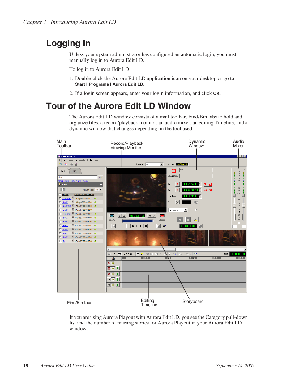 Logging in, Tour of the aurora edit ld window, Logging in tour of the aurora edit ld window | Grass Valley Aurora Edit LD v.6.3 User Manual | Page 16 / 100