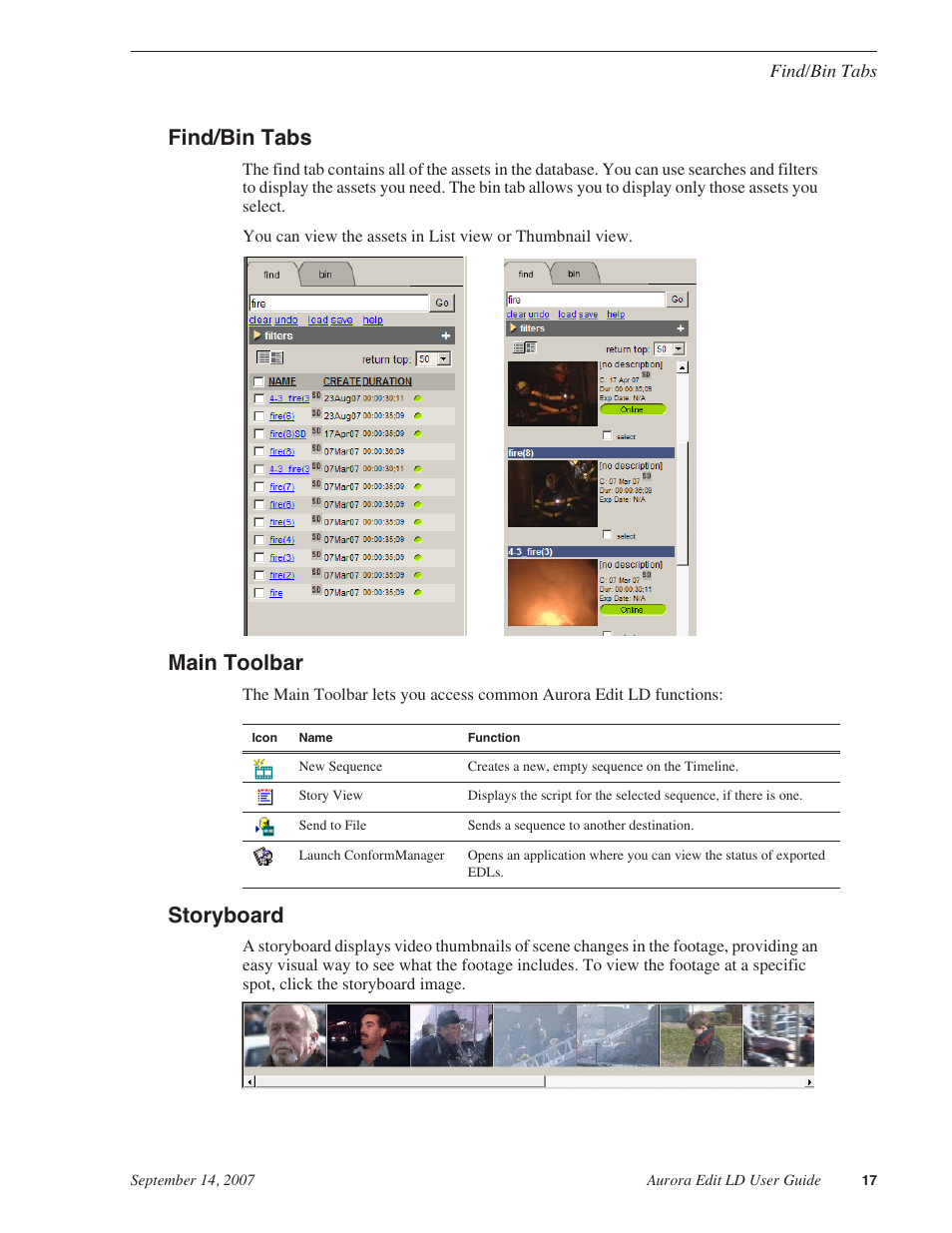 Find/bin tabs, Main toolbar, Storyboard | Find/bin tabs main toolbar storyboard | Grass Valley Aurora Edit LD v.6.3 User Manual | Page 17 / 100