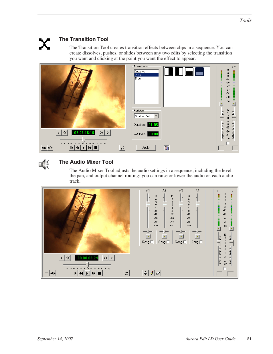 The transition tool, The audio mixer tool | Grass Valley Aurora Edit LD v.6.3 User Manual | Page 21 / 100