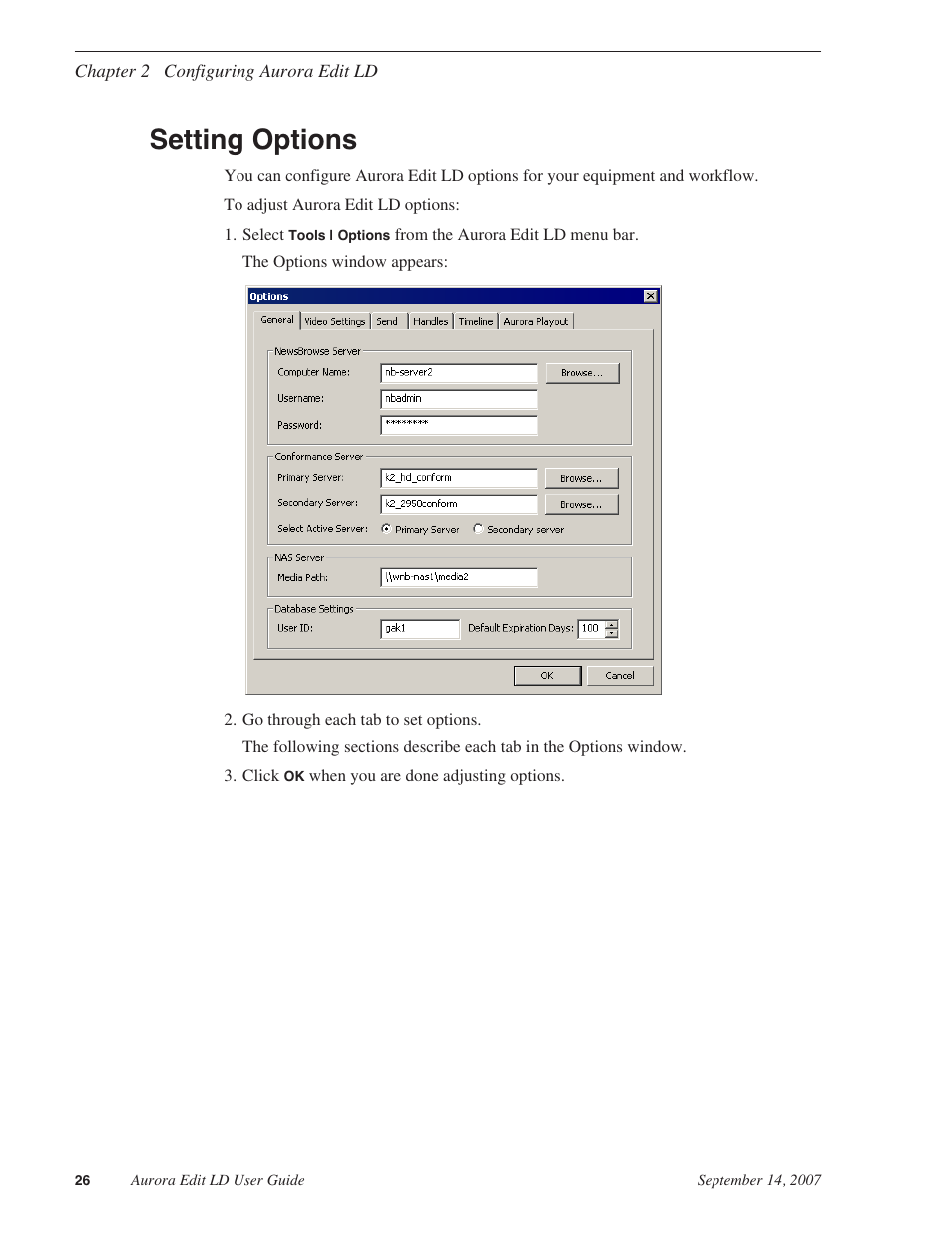 Setting options | Grass Valley Aurora Edit LD v.6.3 User Manual | Page 26 / 100