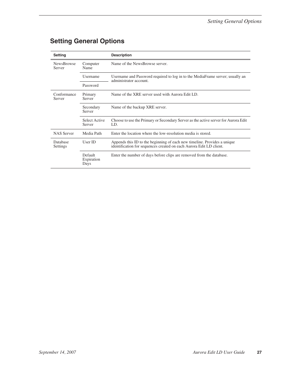 Setting general options | Grass Valley Aurora Edit LD v.6.3 User Manual | Page 27 / 100