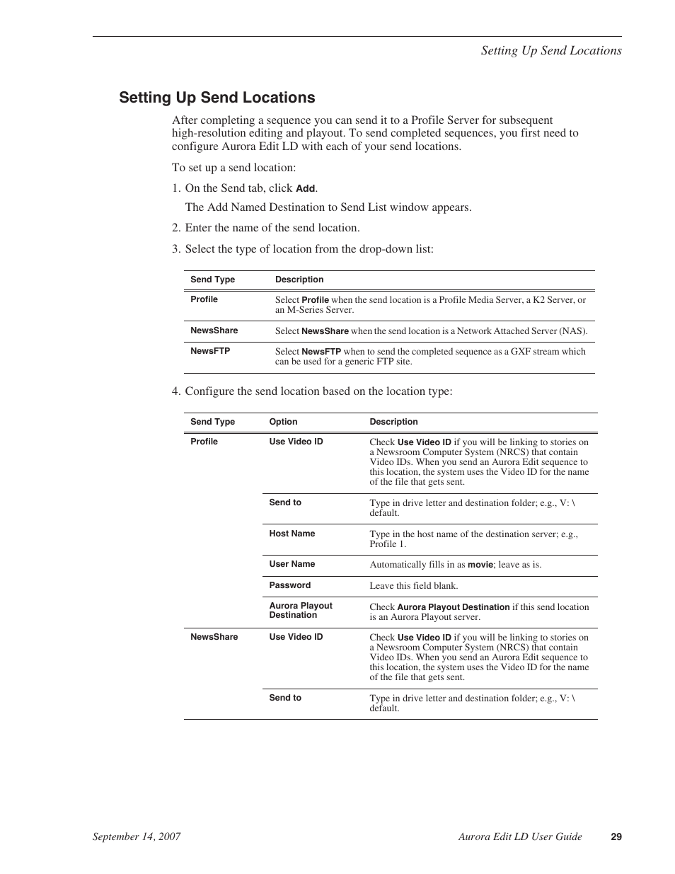 Setting up send locations | Grass Valley Aurora Edit LD v.6.3 User Manual | Page 29 / 100