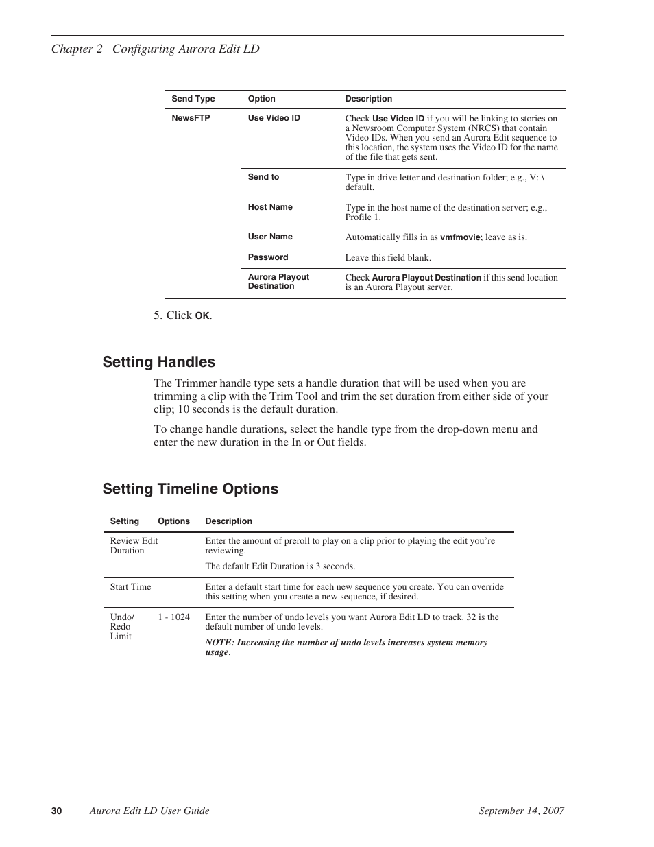 Setting handles, Setting timeline options, Setting handles setting timeline options | Chapter 2 configuring aurora edit ld | Grass Valley Aurora Edit LD v.6.3 User Manual | Page 30 / 100