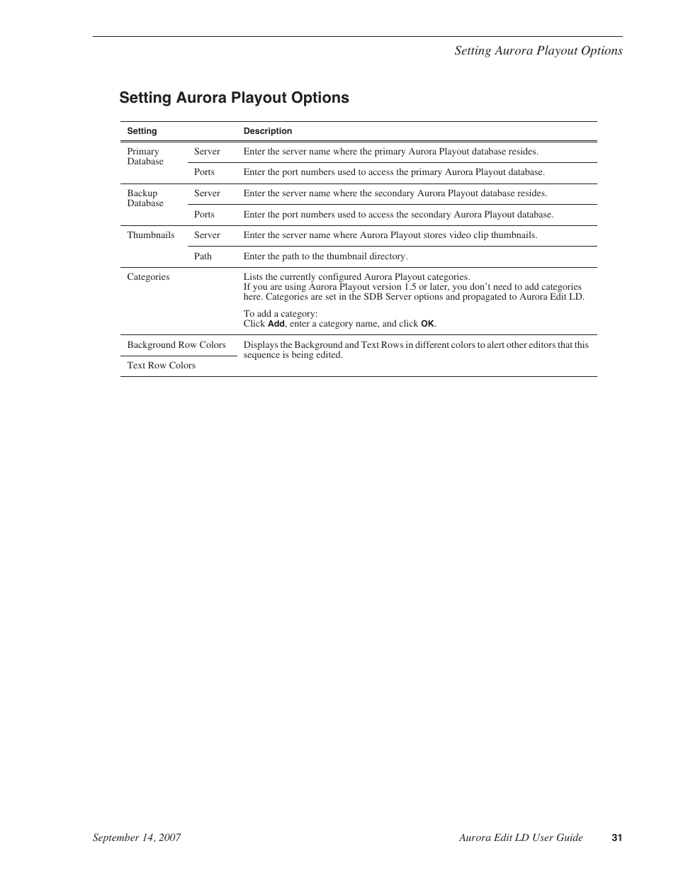 Setting aurora playout options | Grass Valley Aurora Edit LD v.6.3 User Manual | Page 31 / 100