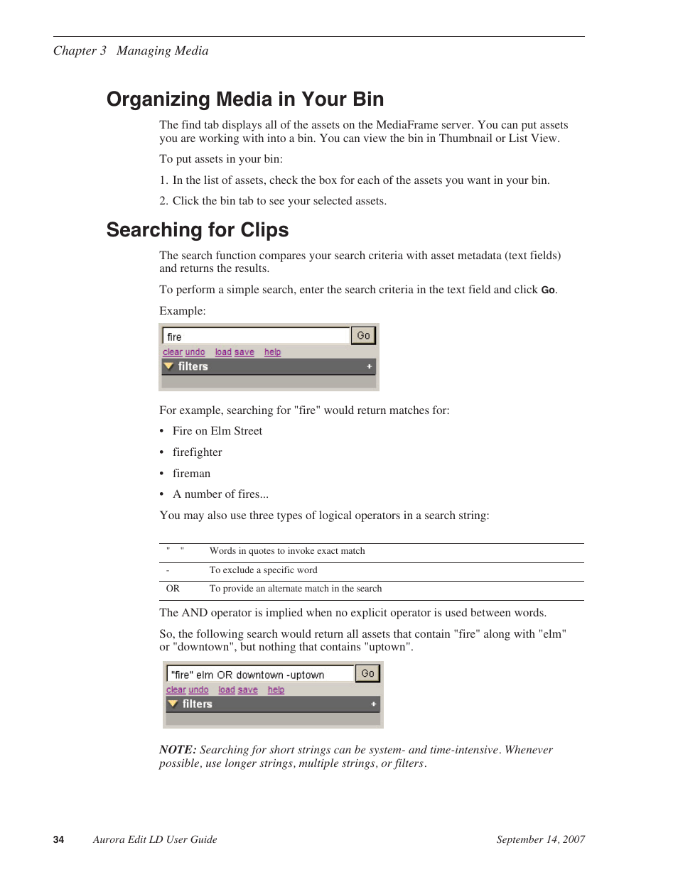 Organizing media in your bin, Searching for clips, Organizing media in your bin searching for clips | Grass Valley Aurora Edit LD v.6.3 User Manual | Page 34 / 100