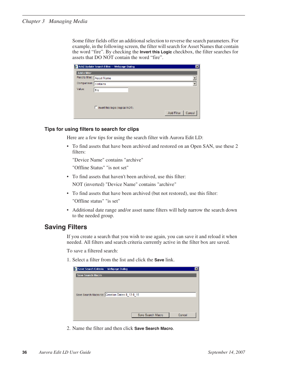 Tips for using filters to search for clips, Saving filters | Grass Valley Aurora Edit LD v.6.3 User Manual | Page 36 / 100