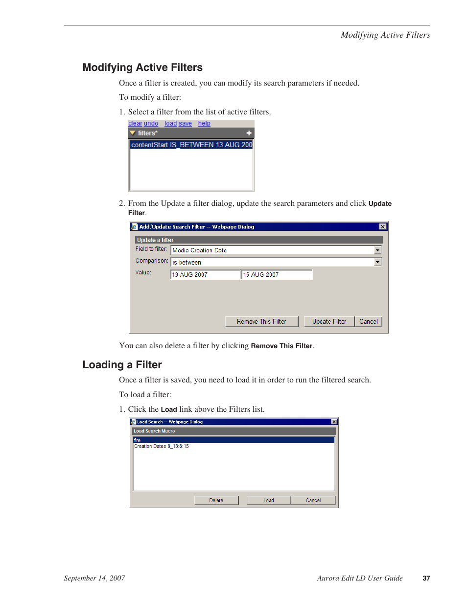 Modifying active filters, Loading a filter, Modifying active filters loading a filter | Grass Valley Aurora Edit LD v.6.3 User Manual | Page 37 / 100