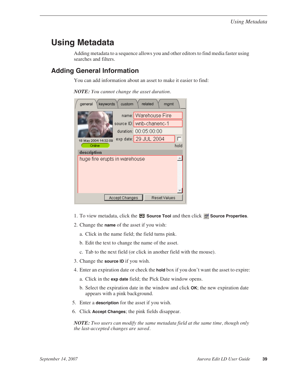 Using metadata, Adding general information | Grass Valley Aurora Edit LD v.6.3 User Manual | Page 39 / 100