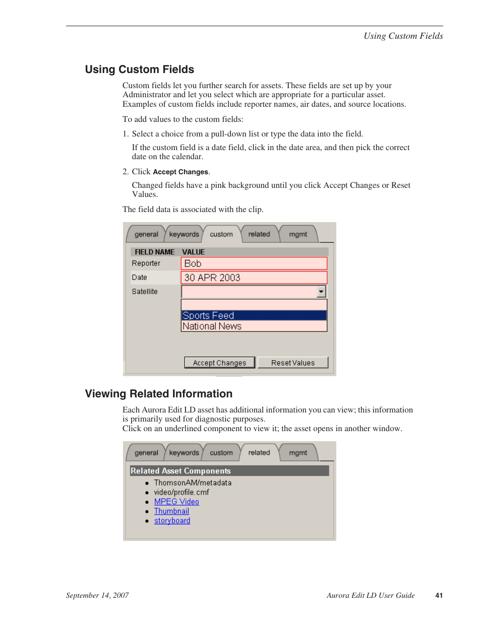 Using custom fields, Viewing related information, Using custom fields viewing related information | Grass Valley Aurora Edit LD v.6.3 User Manual | Page 41 / 100