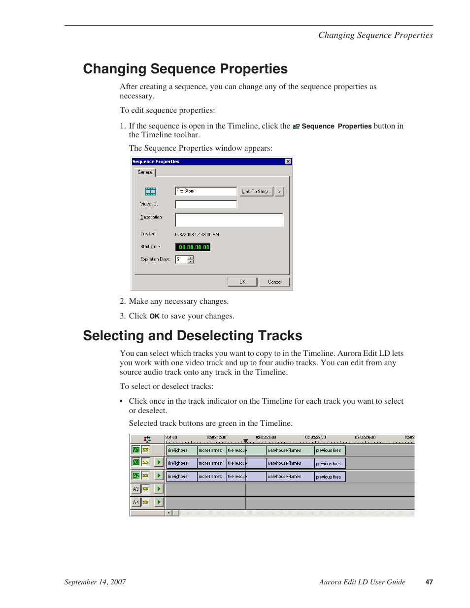 Changing sequence properties, Selecting and deselecting tracks | Grass Valley Aurora Edit LD v.6.3 User Manual | Page 47 / 100