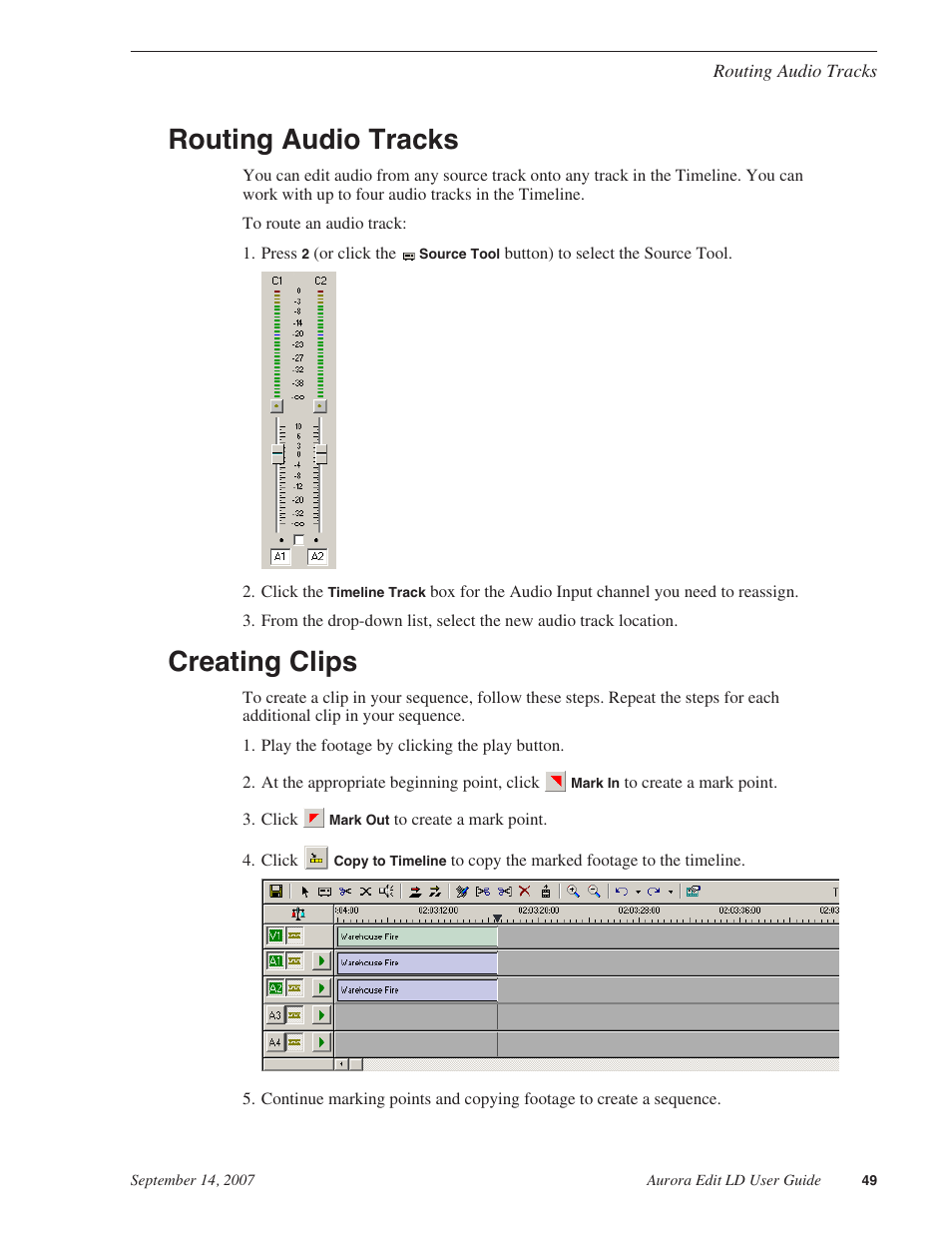 Routing audio tracks, Creating clips, Routing audio tracks creating clips | Grass Valley Aurora Edit LD v.6.3 User Manual | Page 49 / 100