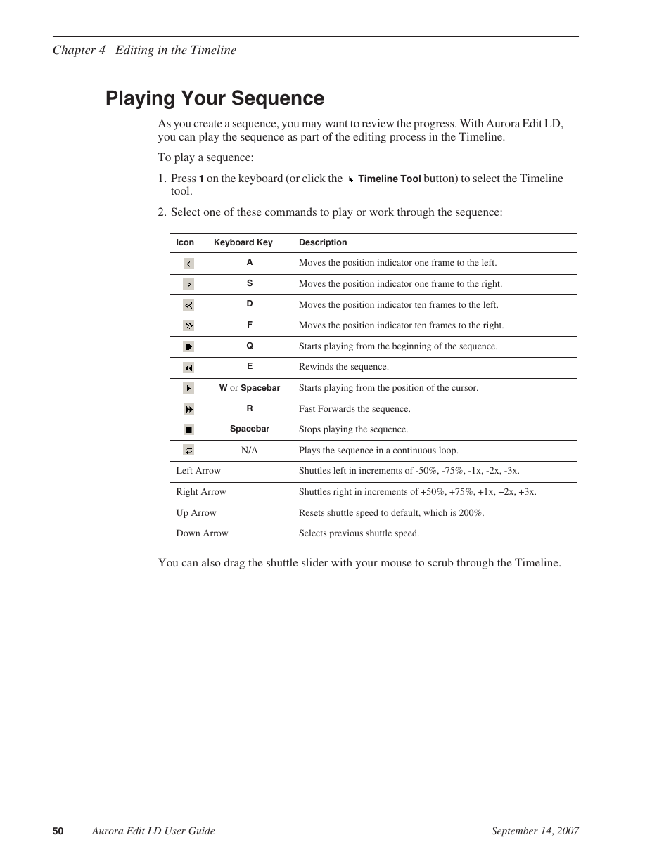 Playing your sequence, Chapter 4 editing in the timeline | Grass Valley Aurora Edit LD v.6.3 User Manual | Page 50 / 100
