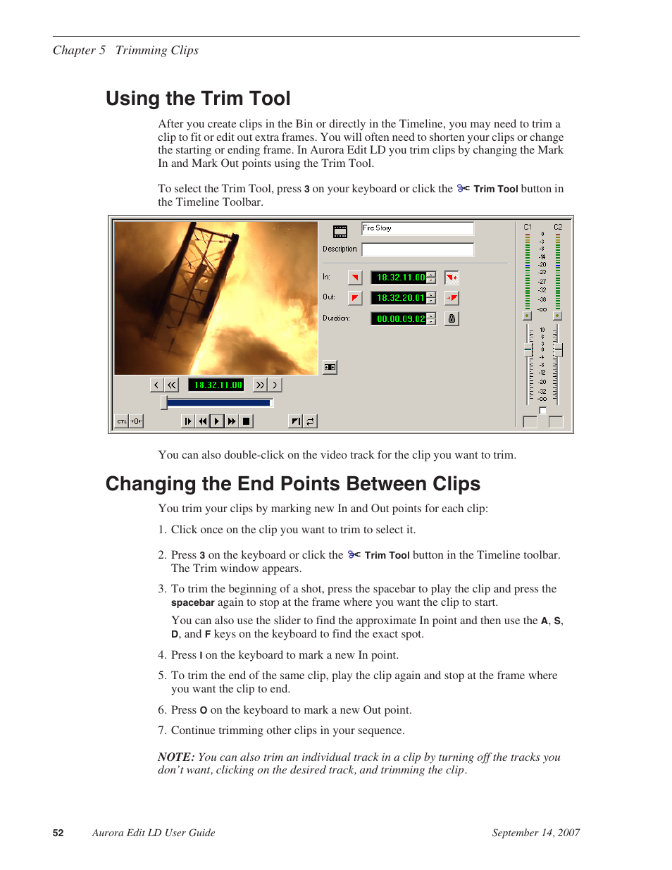 Using the trim tool, Changing the end points between clips | Grass Valley Aurora Edit LD v.6.3 User Manual | Page 52 / 100