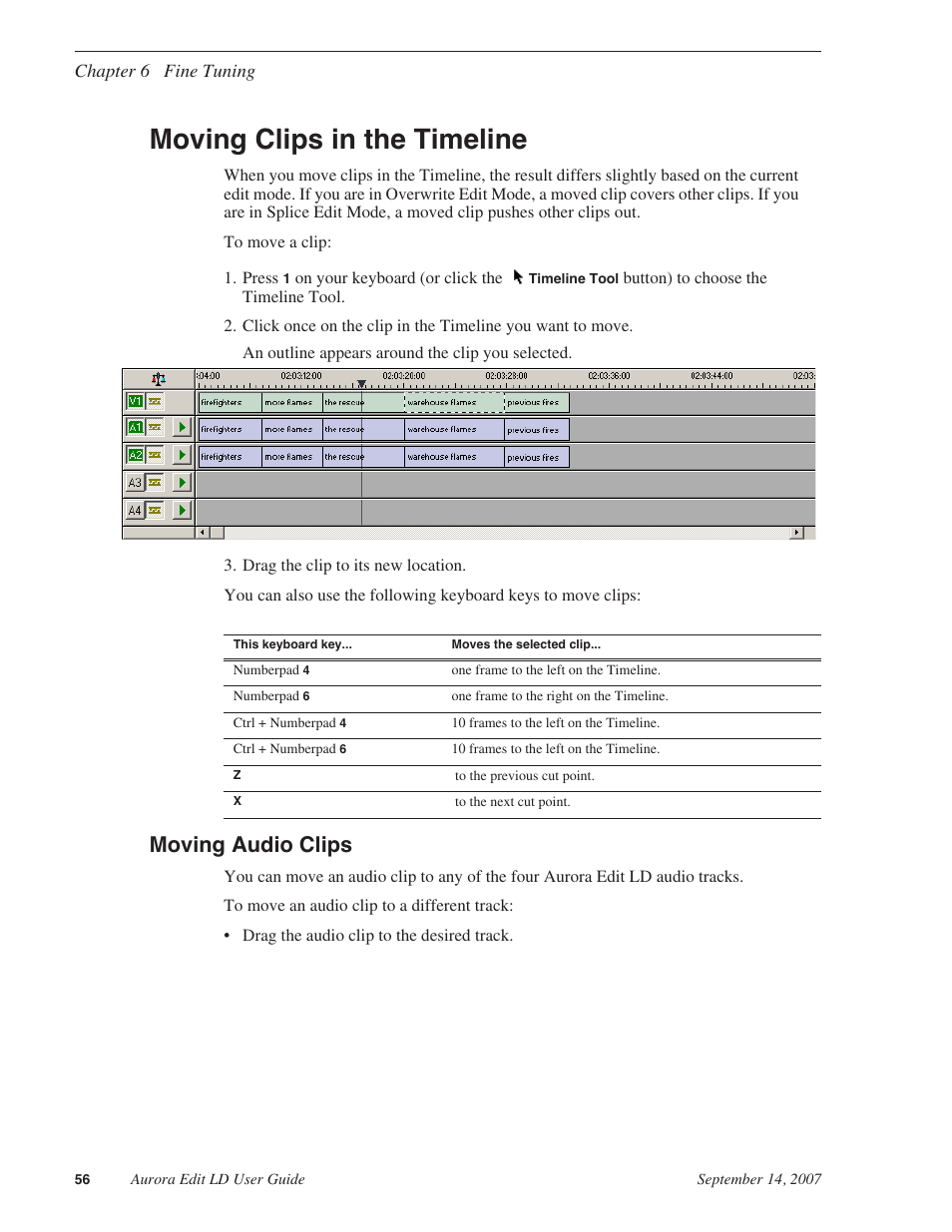 Moving clips in the timeline, Moving audio clips | Grass Valley Aurora Edit LD v.6.3 User Manual | Page 56 / 100
