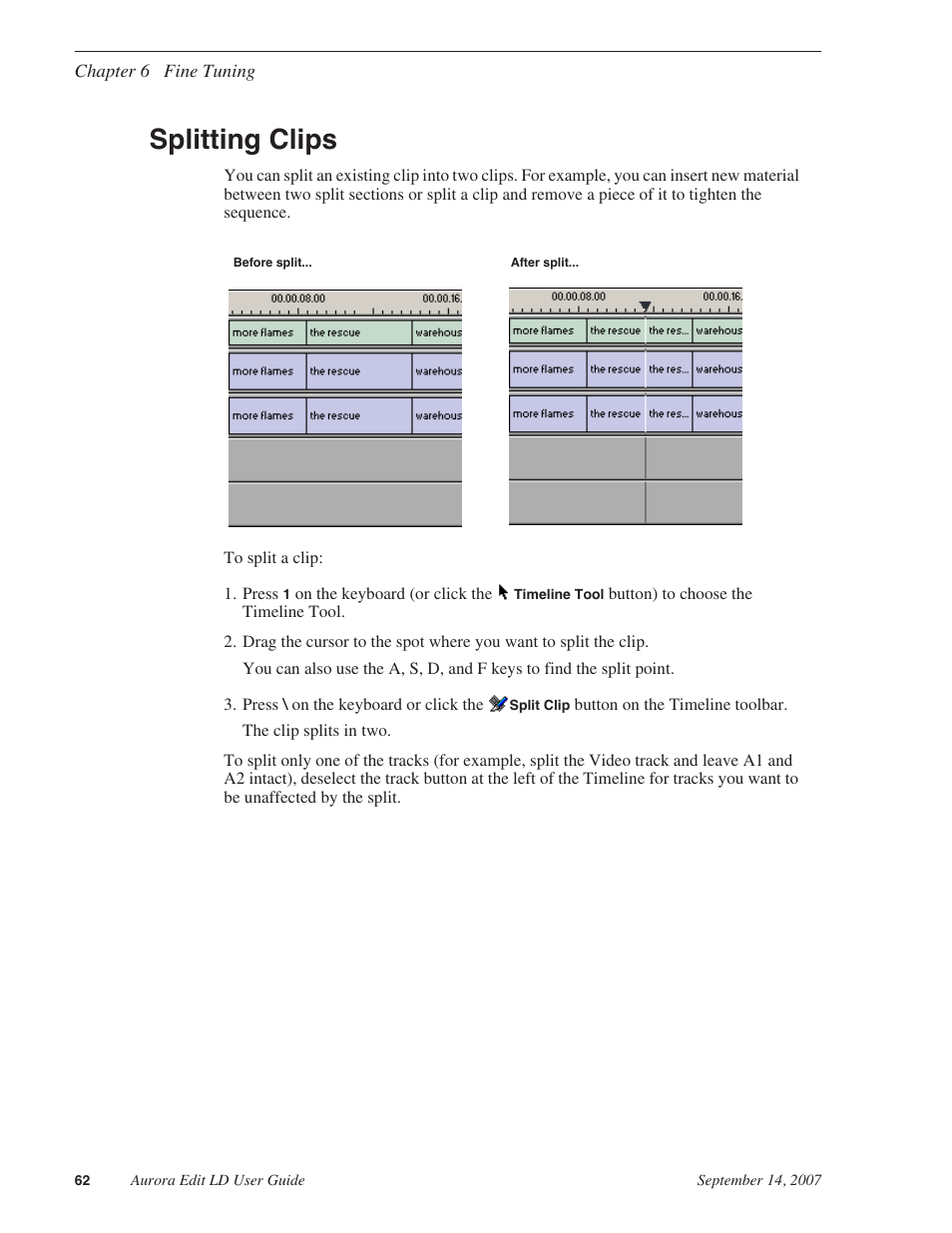 Splitting clips | Grass Valley Aurora Edit LD v.6.3 User Manual | Page 62 / 100