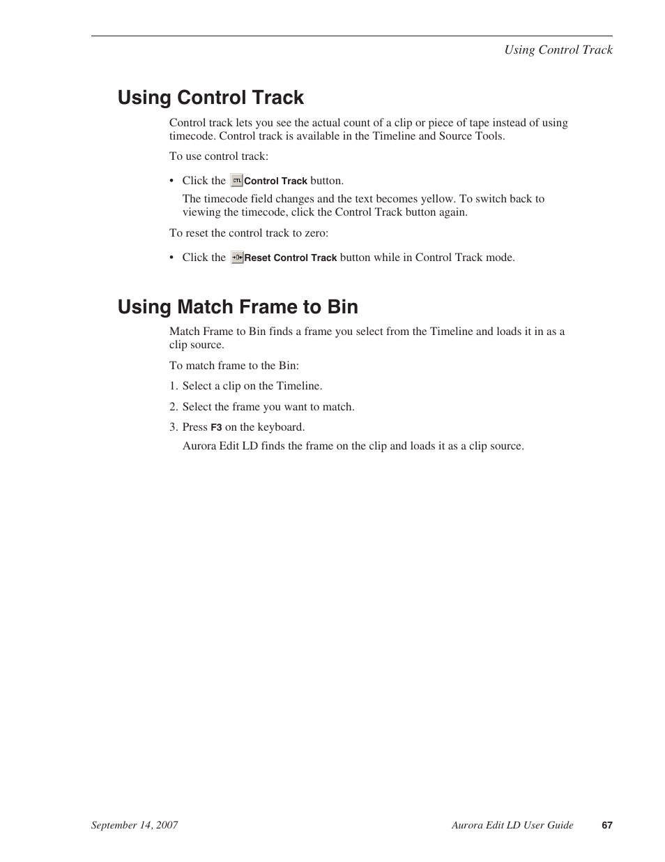 Using control track, Using match frame to bin, Using control track using match frame to bin | Grass Valley Aurora Edit LD v.6.3 User Manual | Page 67 / 100