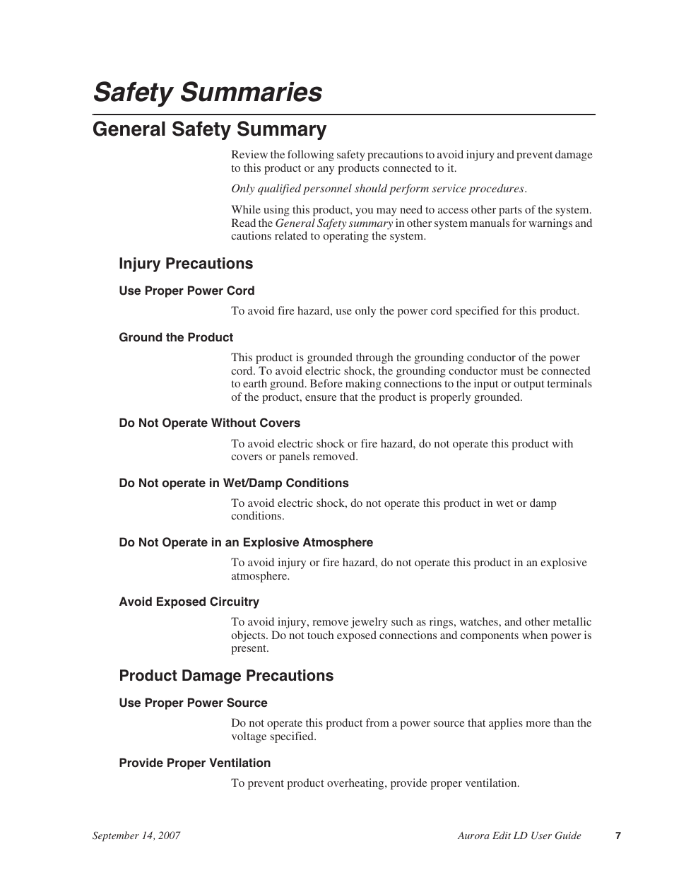 Safety summaries, General safety summary | Grass Valley Aurora Edit LD v.6.3 User Manual | Page 7 / 100