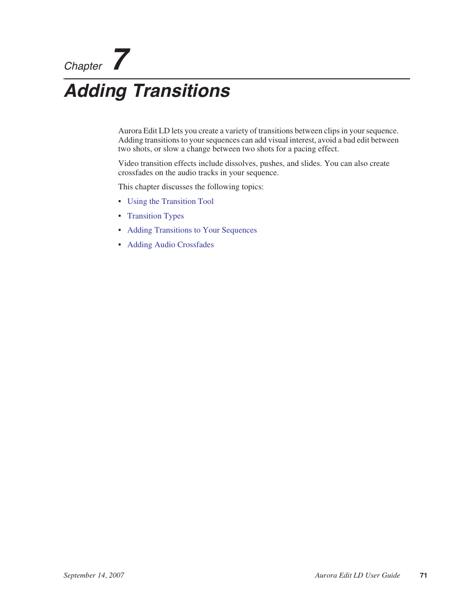 Adding transitions, Chapter 7 | Grass Valley Aurora Edit LD v.6.3 User Manual | Page 71 / 100