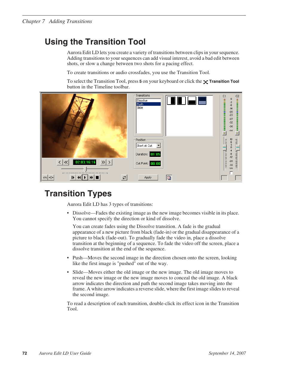 Using the transition tool, Transition types, Using the transition tool transition types | Grass Valley Aurora Edit LD v.6.3 User Manual | Page 72 / 100