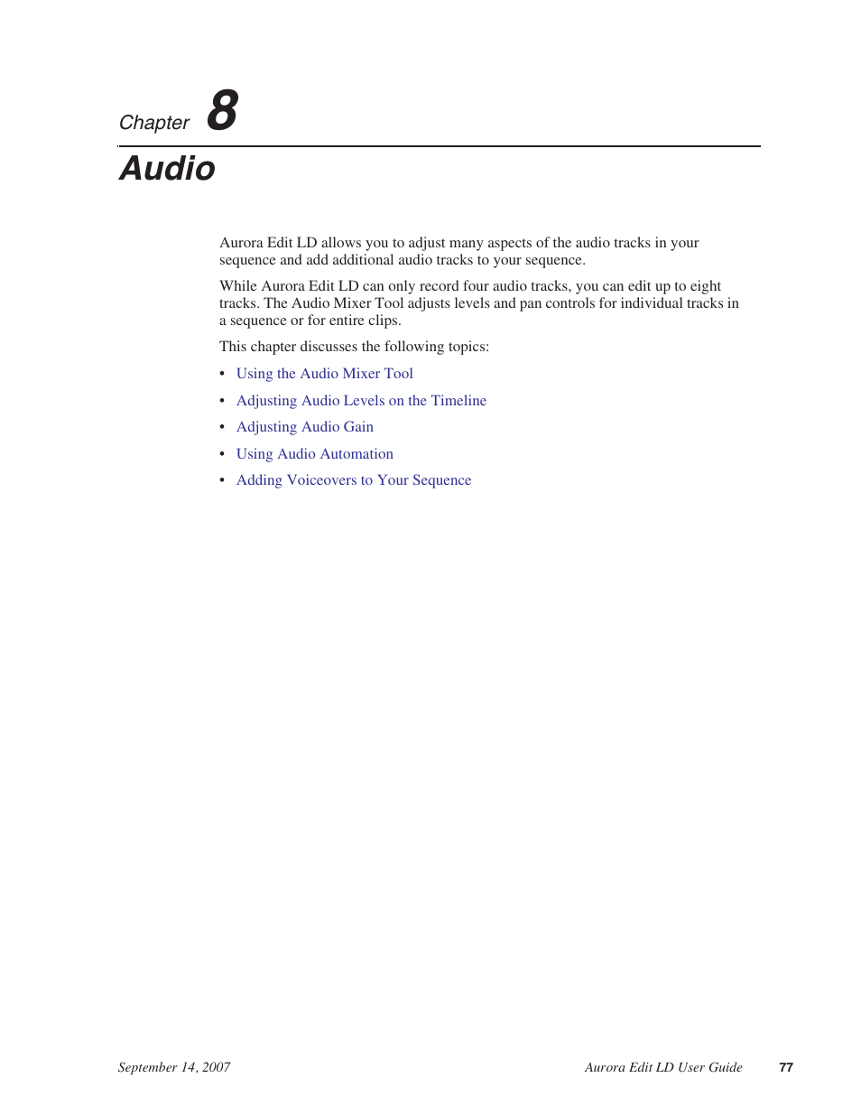 Audio, Chapter 8 | Grass Valley Aurora Edit LD v.6.3 User Manual | Page 77 / 100