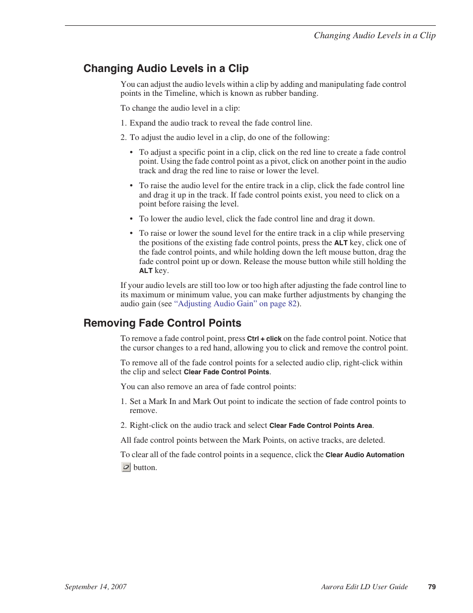 Changing audio levels in a clip, Removing fade control points | Grass Valley Aurora Edit LD v.6.3 User Manual | Page 79 / 100