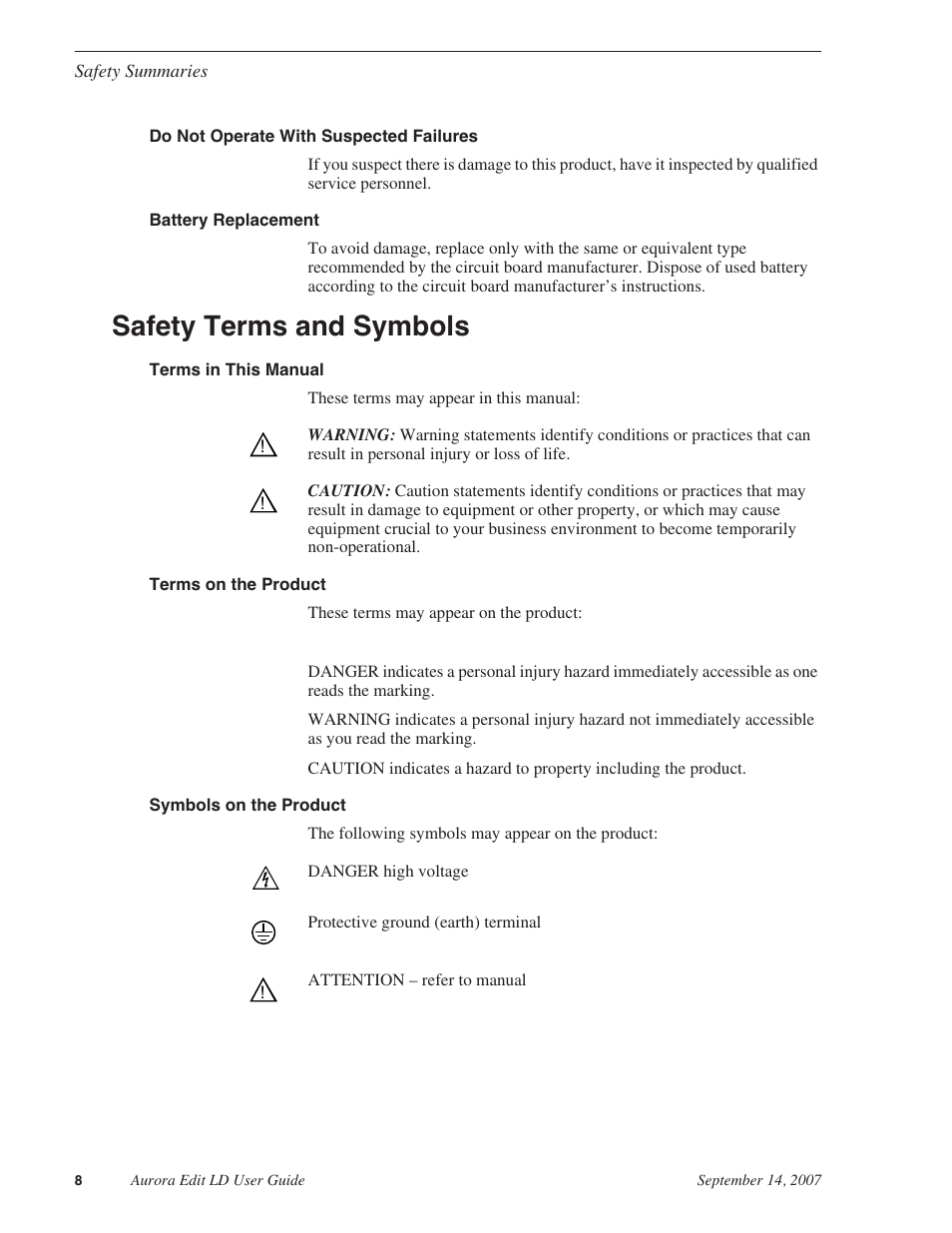 Safety terms and symbols | Grass Valley Aurora Edit LD v.6.3 User Manual | Page 8 / 100
