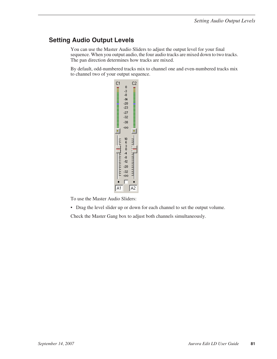 Setting audio output levels | Grass Valley Aurora Edit LD v.6.3 User Manual | Page 81 / 100