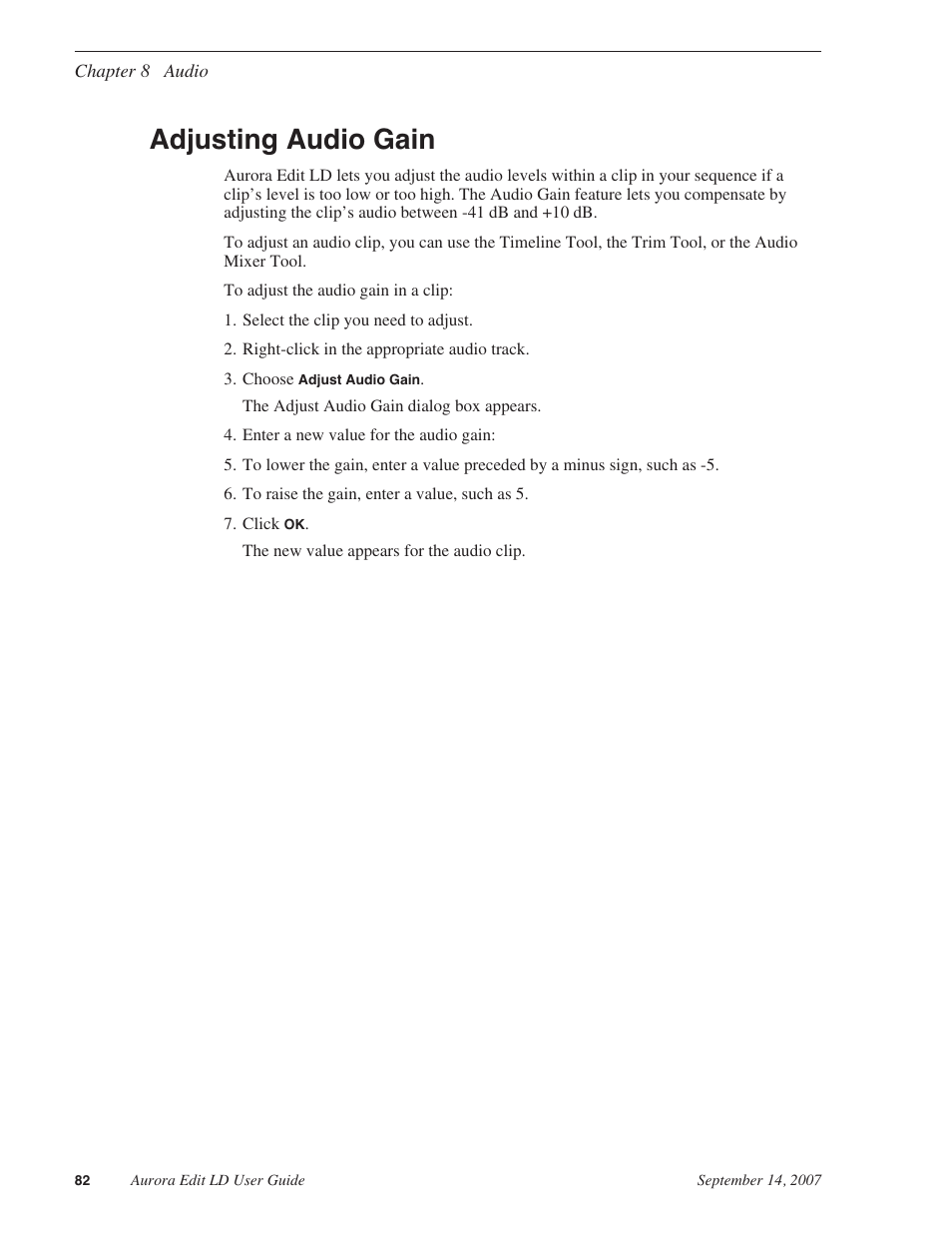 Adjusting audio gain | Grass Valley Aurora Edit LD v.6.3 User Manual | Page 82 / 100
