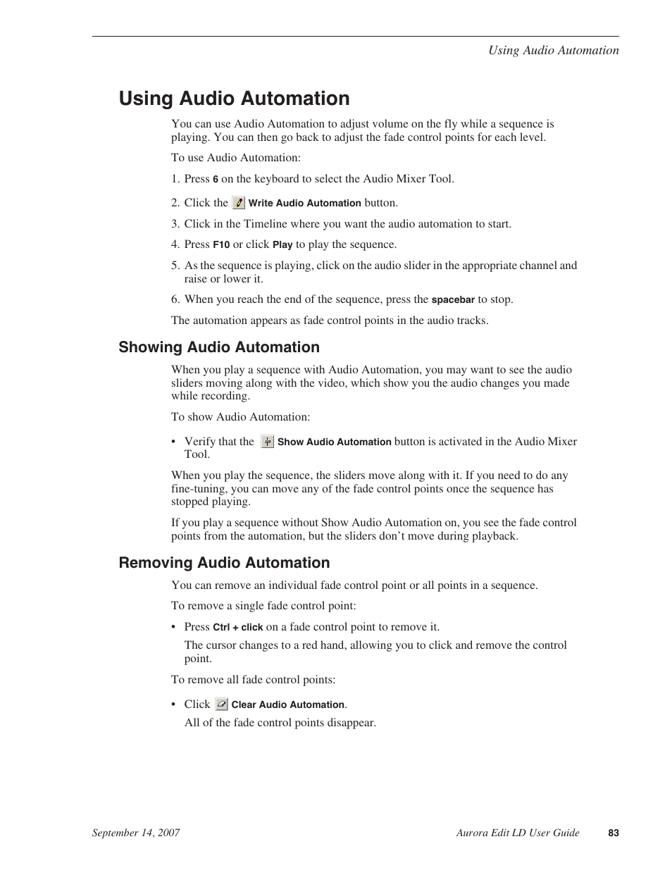 Using audio automation, Showing audio automation, Removing audio automation | Showing audio automation removing audio automation | Grass Valley Aurora Edit LD v.6.3 User Manual | Page 83 / 100