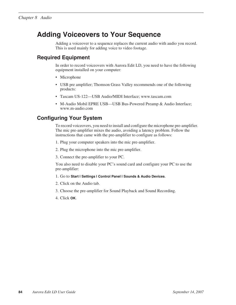 Adding voiceovers to your sequence, Required equipment, Configuring your system | Required equipment configuring your system | Grass Valley Aurora Edit LD v.6.3 User Manual | Page 84 / 100