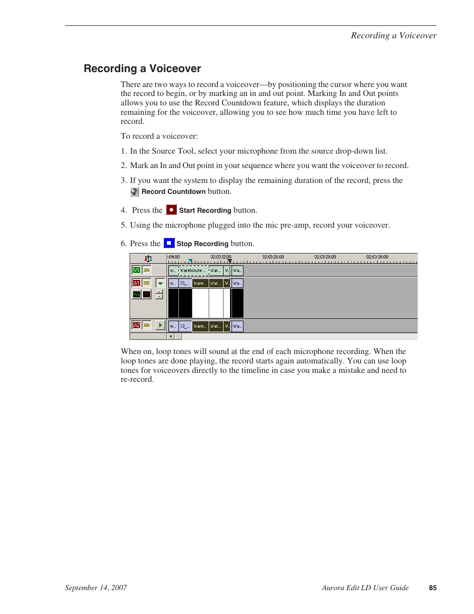 Recording a voiceover | Grass Valley Aurora Edit LD v.6.3 User Manual | Page 85 / 100