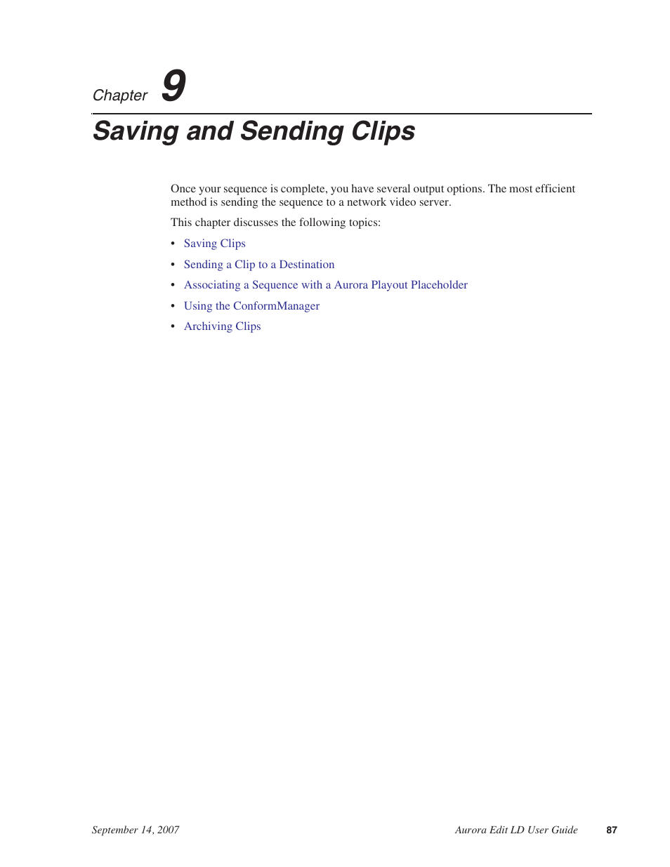 Saving and sending clips, Chapter 9 | Grass Valley Aurora Edit LD v.6.3 User Manual | Page 87 / 100
