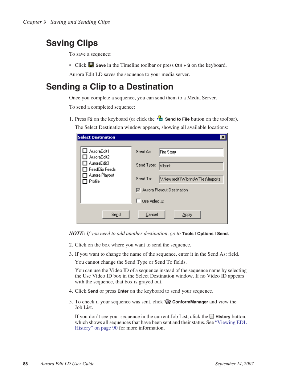 Saving clips, Sending a clip to a destination, Saving clips sending a clip to a destination | Grass Valley Aurora Edit LD v.6.3 User Manual | Page 88 / 100