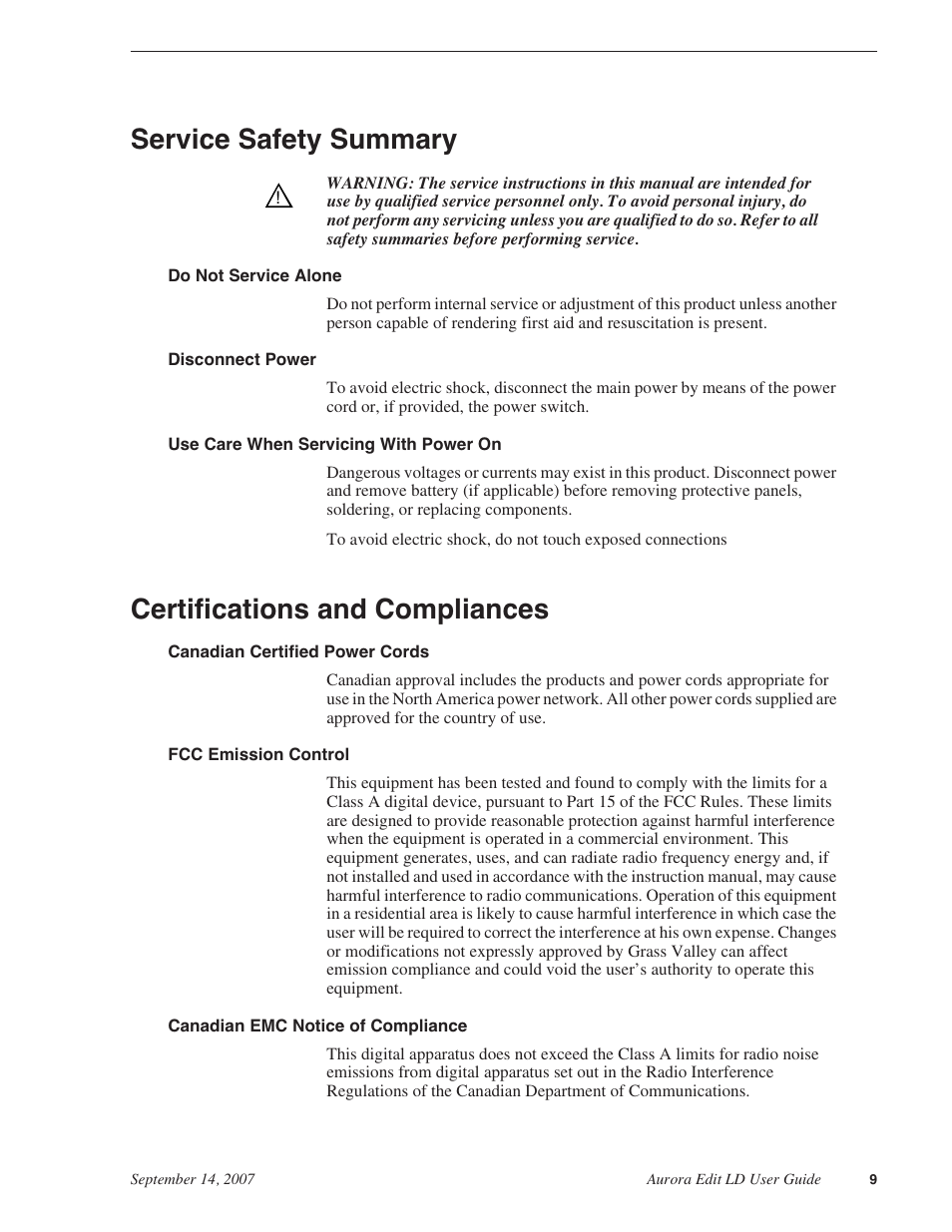 Service safety summary, Certifications and compliances | Grass Valley Aurora Edit LD v.6.3 User Manual | Page 9 / 100