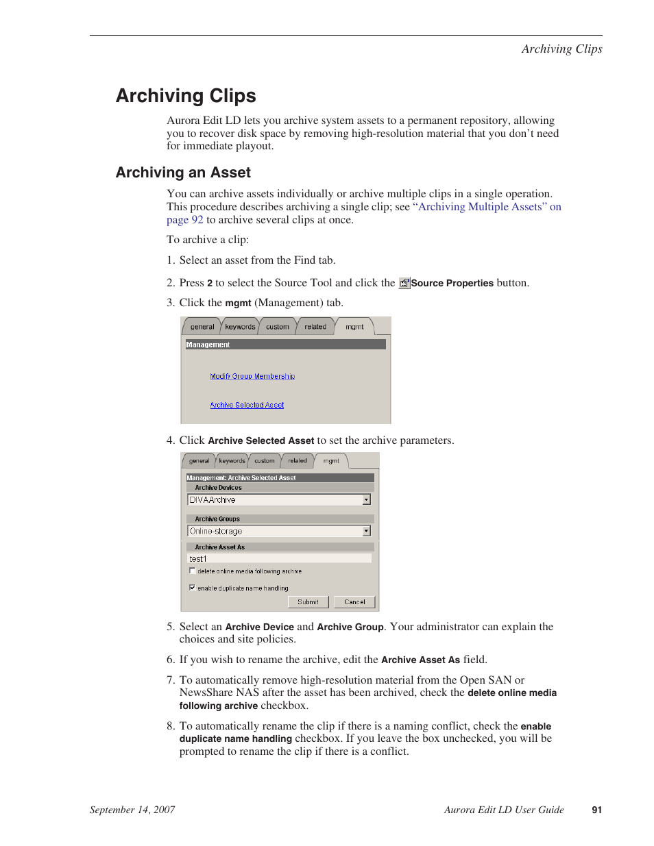 Archiving clips, Archiving an asset | Grass Valley Aurora Edit LD v.6.3 User Manual | Page 91 / 100