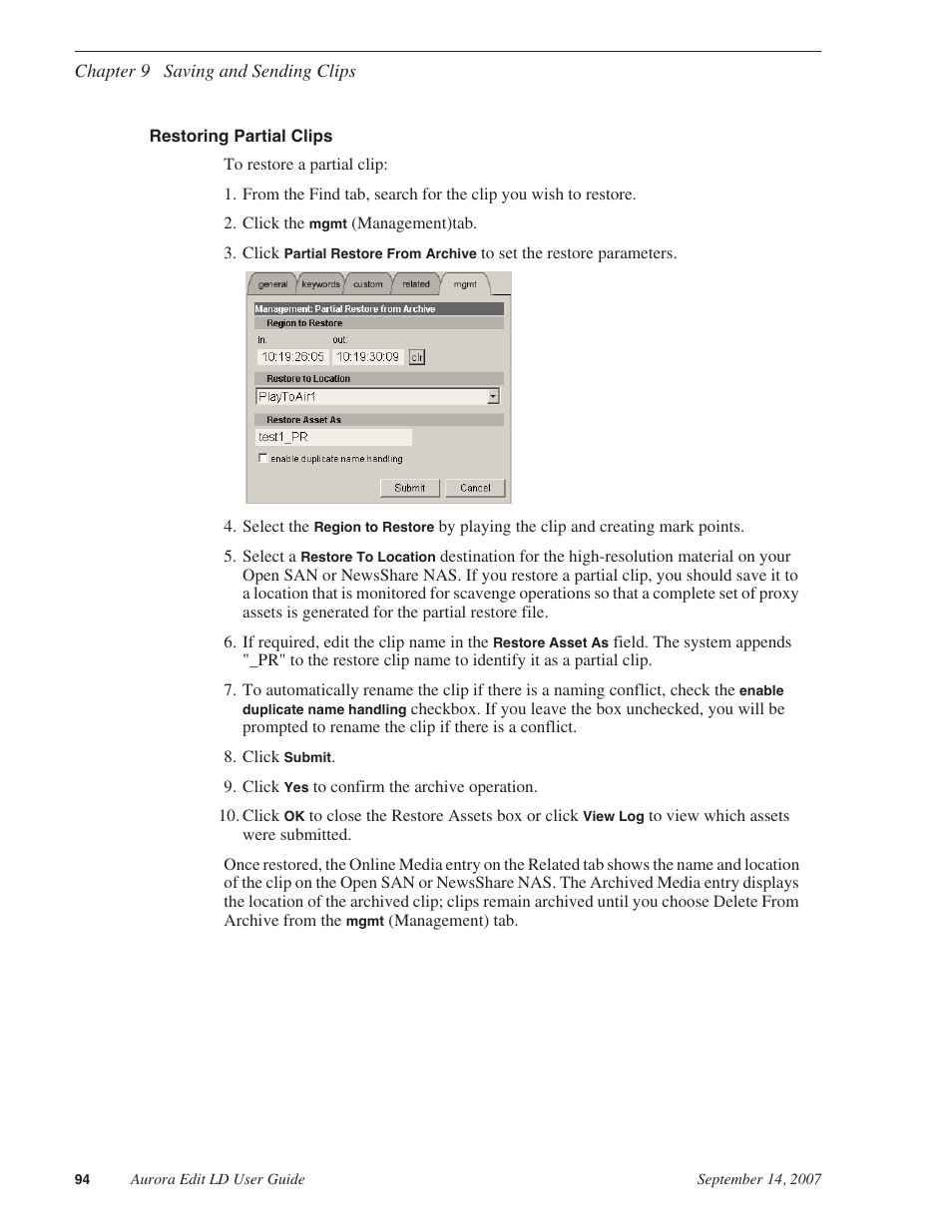 Restoring partial clips | Grass Valley Aurora Edit LD v.6.3 User Manual | Page 94 / 100