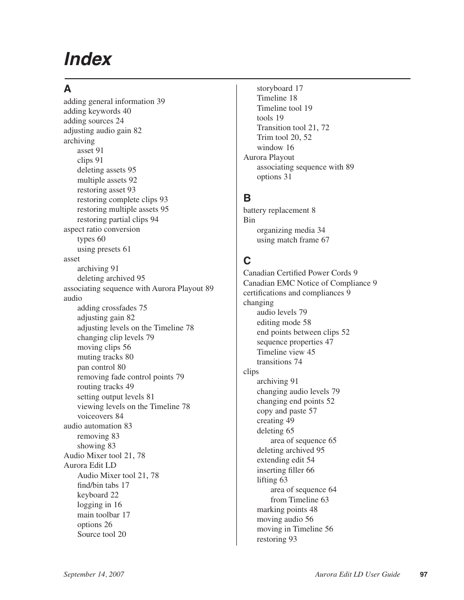Index | Grass Valley Aurora Edit LD v.6.3 User Manual | Page 97 / 100