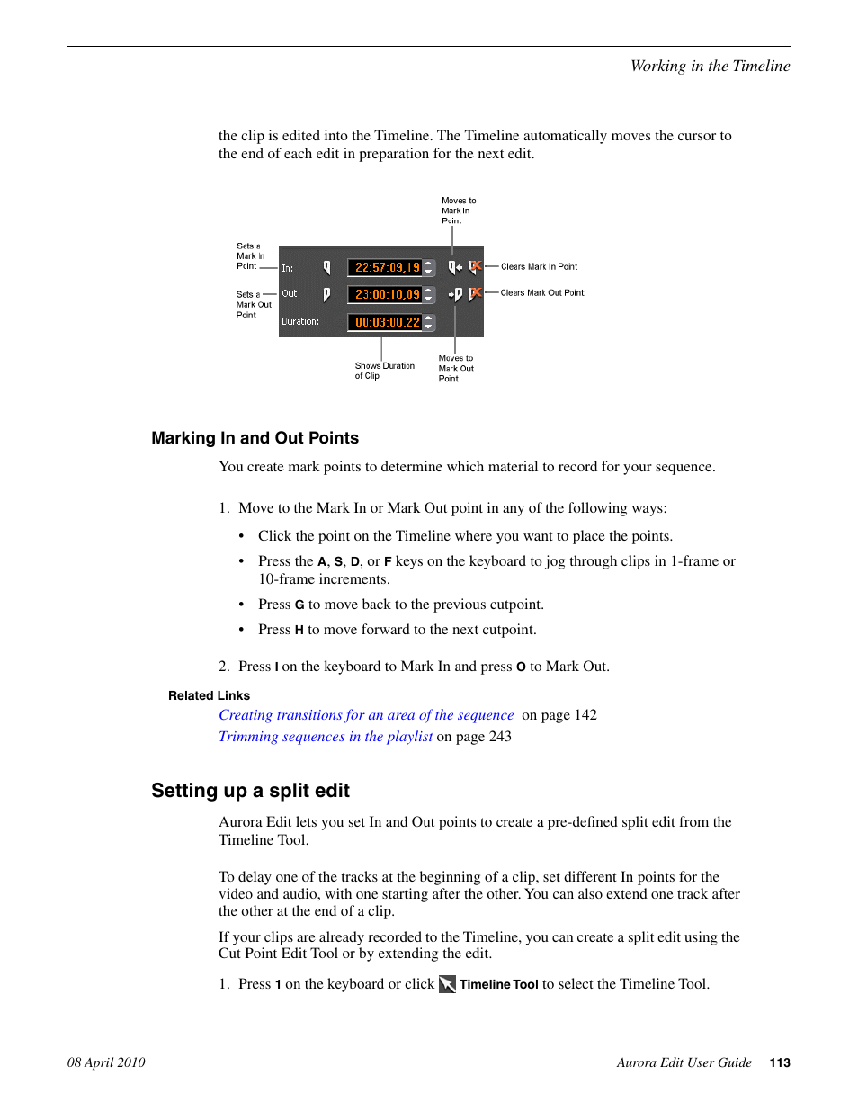 Marking in and out points, Setting up a split edit | Grass Valley Aurora Edit v.7.0 User Manual | Page 113 / 280