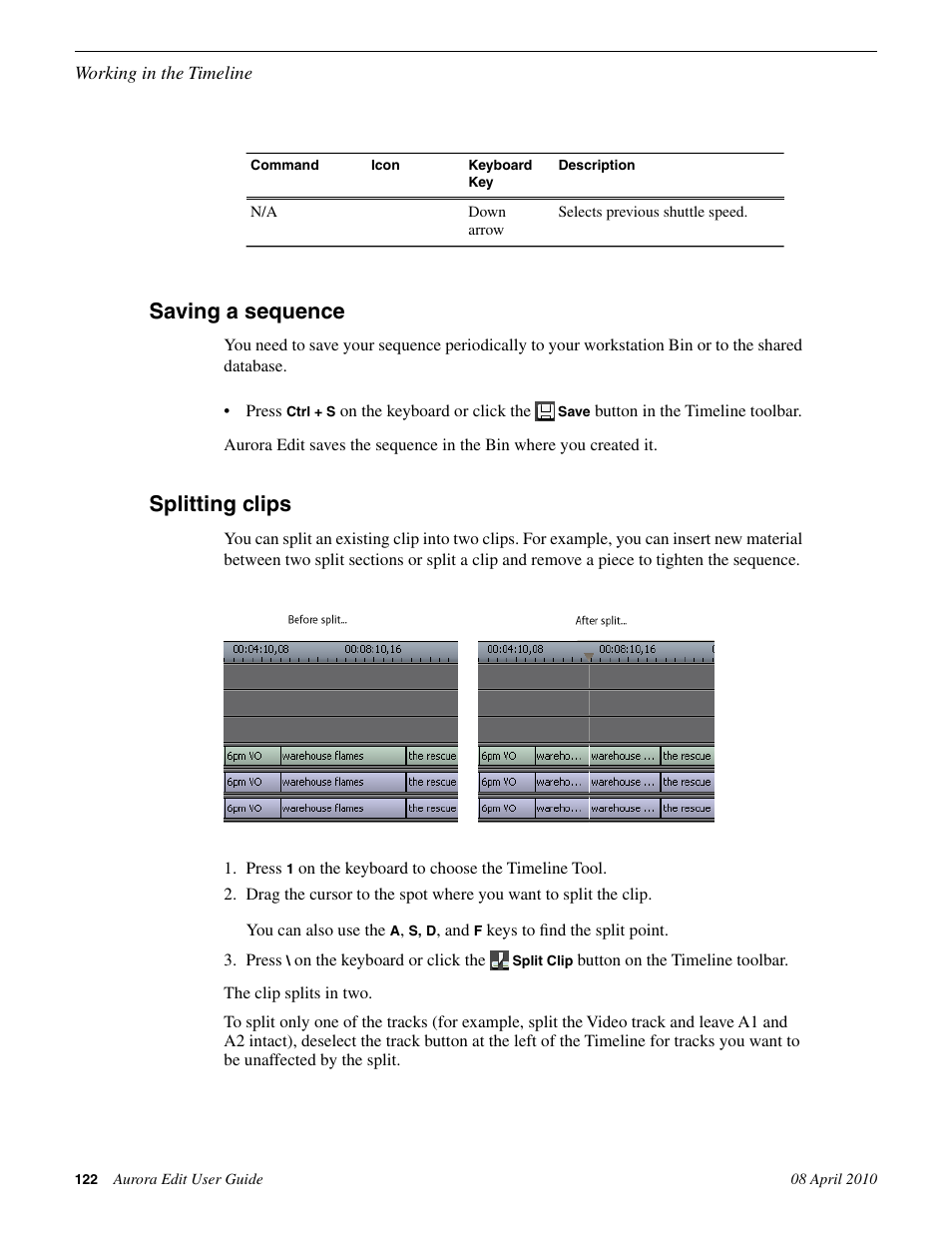 Saving a sequence, Splitting clips, Saving a sequence splitting clips | Grass Valley Aurora Edit v.7.0 User Manual | Page 122 / 280