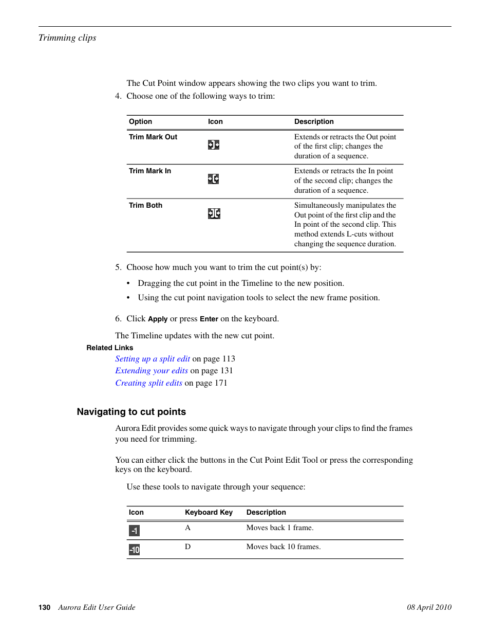 Navigating to cut points | Grass Valley Aurora Edit v.7.0 User Manual | Page 130 / 280
