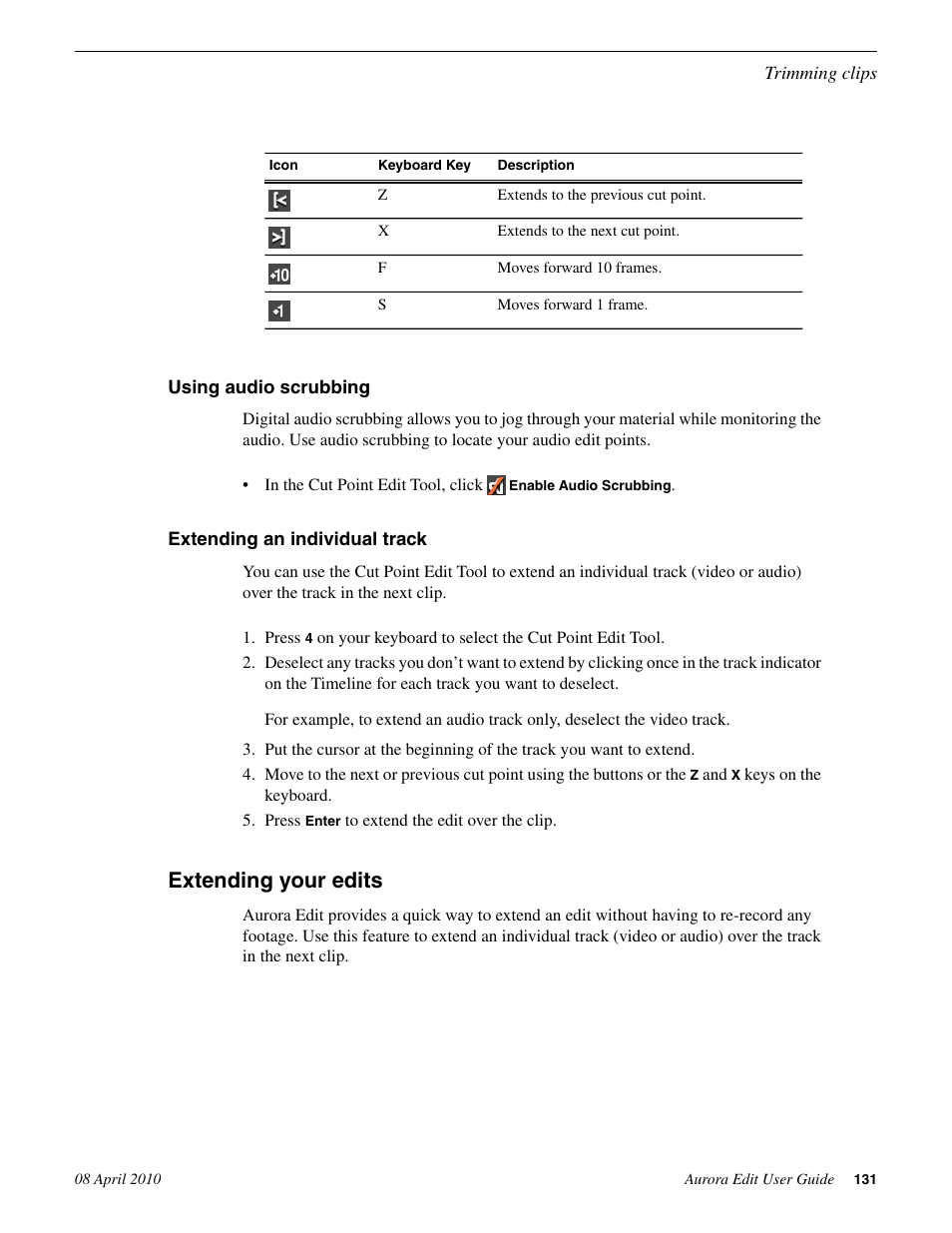 Using audio scrubbing, Extending an individual track, Extending your edits | Grass Valley Aurora Edit v.7.0 User Manual | Page 131 / 280