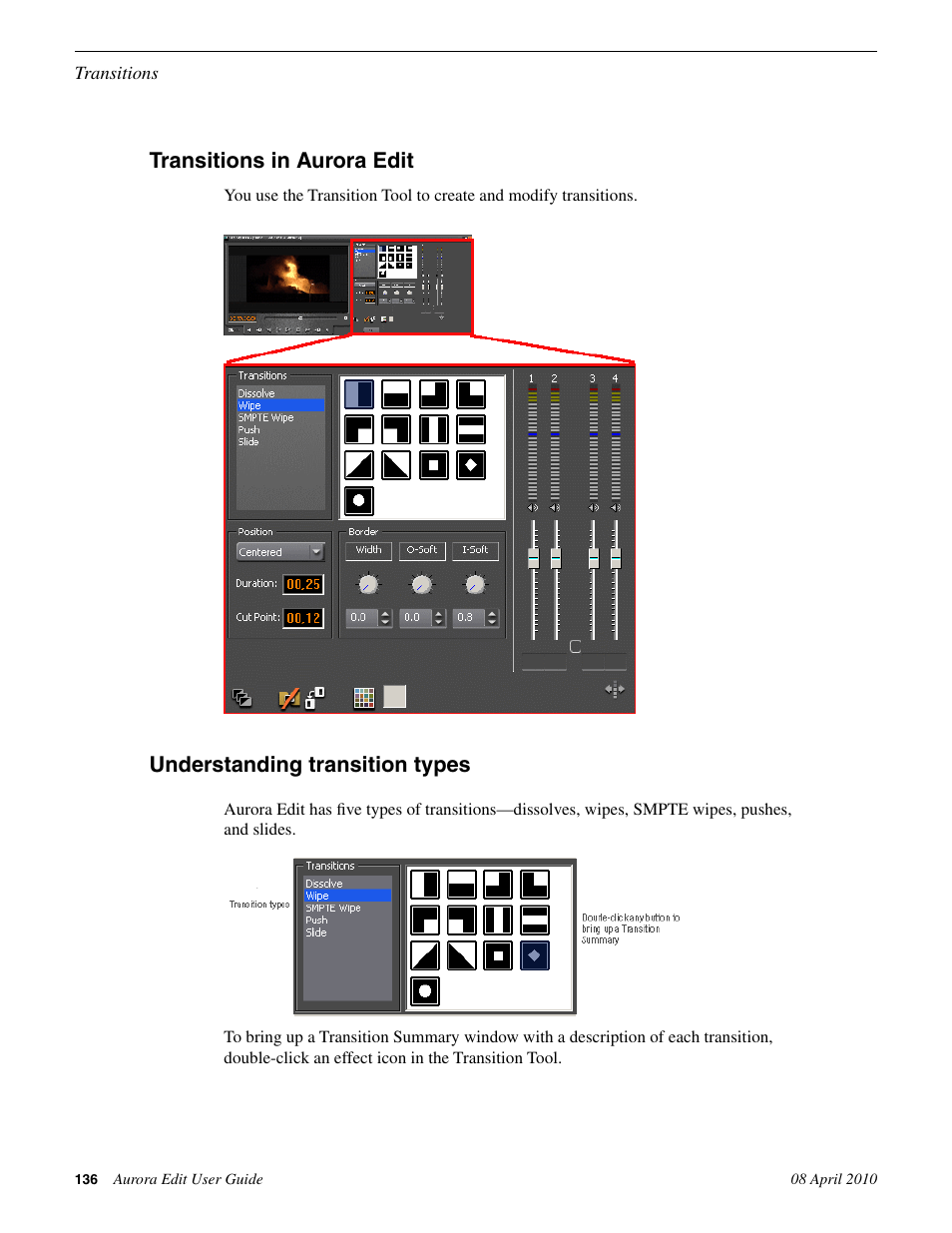 Transitions in aurora edit, Understanding transition types | Grass Valley Aurora Edit v.7.0 User Manual | Page 136 / 280