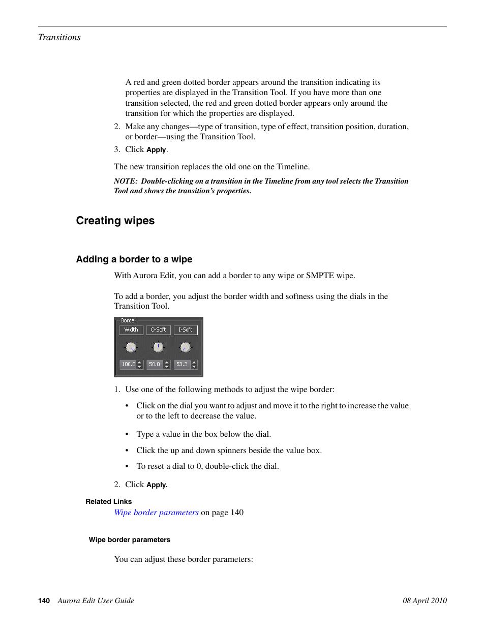 Creating wipes, Adding a border to a wipe, Wipe border parameters | Grass Valley Aurora Edit v.7.0 User Manual | Page 140 / 280